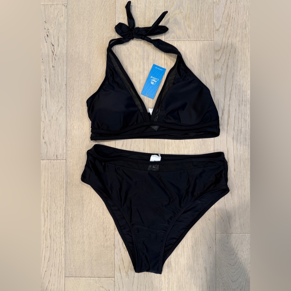 Mesh Halter Bralette & High Waist Bikini Set